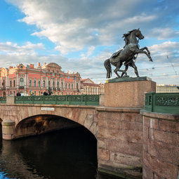 Anichkov Bridge in St Petersburg with sculptures of horses